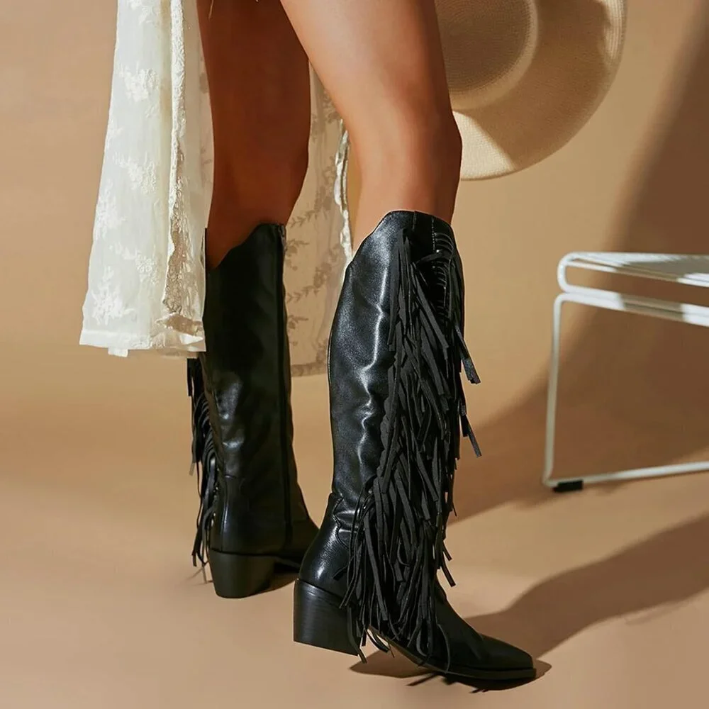 Women Black Synthetic Fringe Tassels Pointed Toe Knee High Western Cowgirl Boots